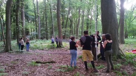 Barbastelle bat trapping setting up nets