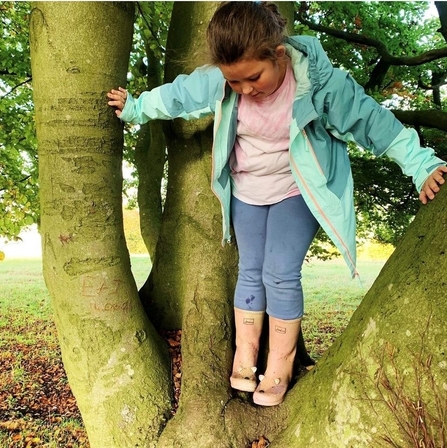 Young girl wearing pink wellies and a blue raincoat climbing a tree