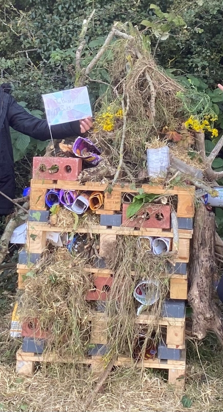 A bug hotel built from pallets, bricks, sticks and dried grasses