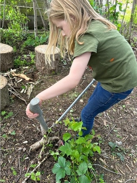 A child standing in a wildlife garden area is using loppers to chop up a branch into smaller pieces