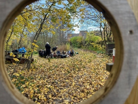 View through wooden porthole into a garden strewn with autumn leaves